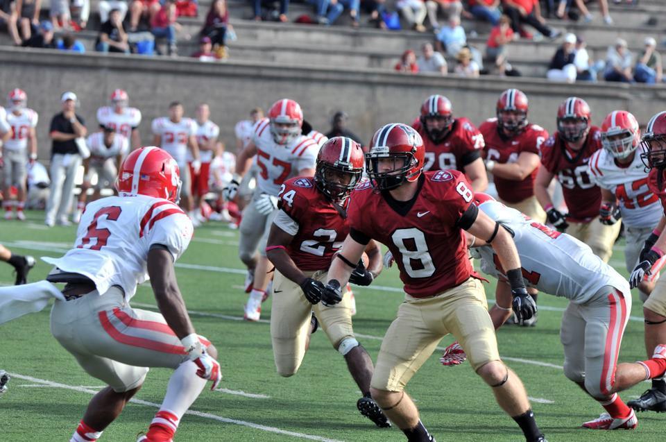 Playing in his first game as the Harvard football team’s go-to receiver, junior wideout Andrew Berg hauled in 10 passes for 132 yards and scored three touchdowns—all career highs—as the Crimson dismantled Cornell, 45-13.