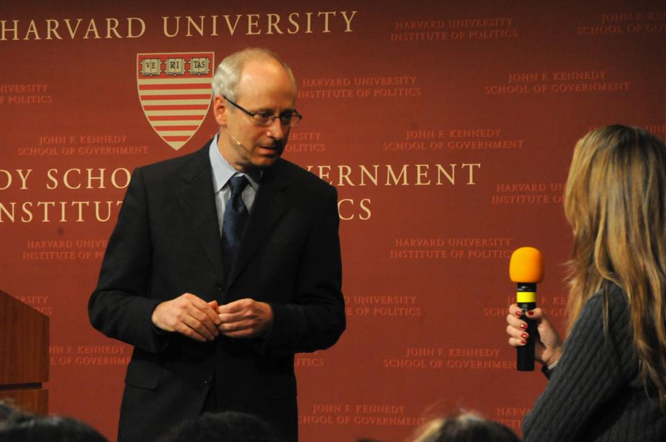 Professor Michael Sandel leads an interactive debate on the role of government for students, community members, and the BBC radio audience at the JFK Junior Forum.