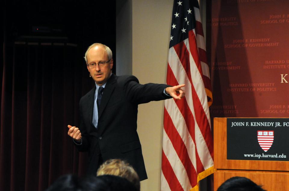 Professor Michael Sandel leads an interactive debate on the role of government for students, community members, and the BBC radio audience at the JFK Junior Forum.
