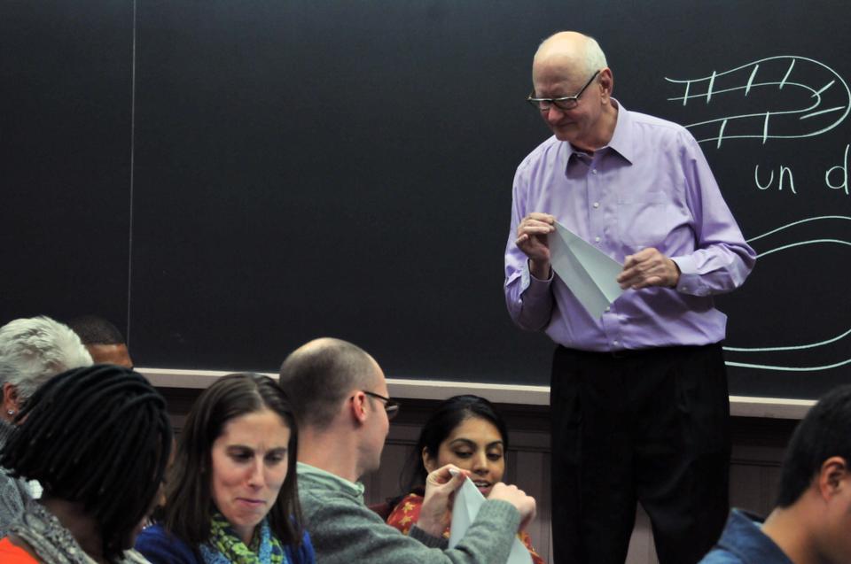 Harvard Students for Education Reform (SFER), a new program that started this fall, presents A Workshop with Fred Jones, author of Tools for Teaching and a leader in education teaching strategies. Jones demonstrates successful teaching methods by having audience members fold paper airplanes on Tuesday at Sever Hall.