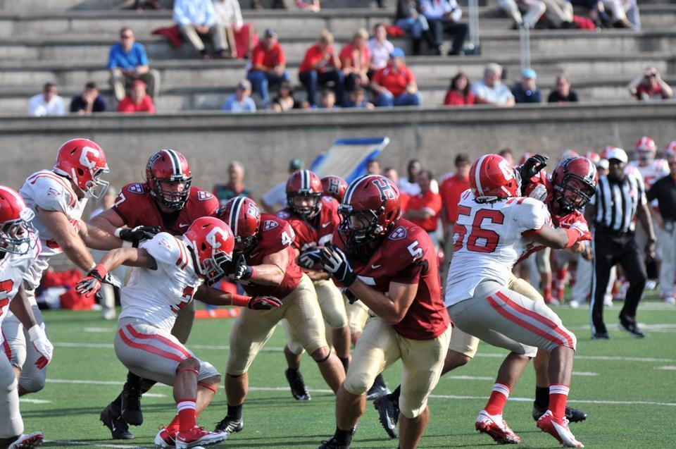 Junior wide receiver Ricky Zorn (5), shown here in action against Cornell, has been a key contributor to Harvard’s offense this year, accumulating 17 receptions and two touchdowns on the year. Zorn and the Harvard football team currently boast a 14-game winning streak dating back to Sept. 23, 2011. 