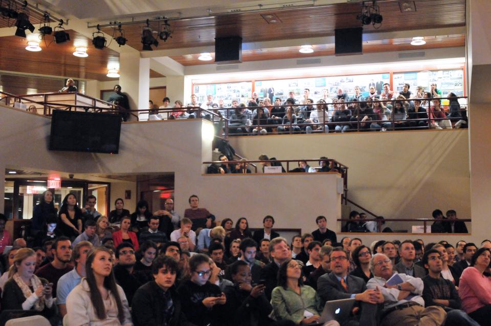 Students and members of the Cambridge community come together Tuesday night to watch the second round of the presidential debate.