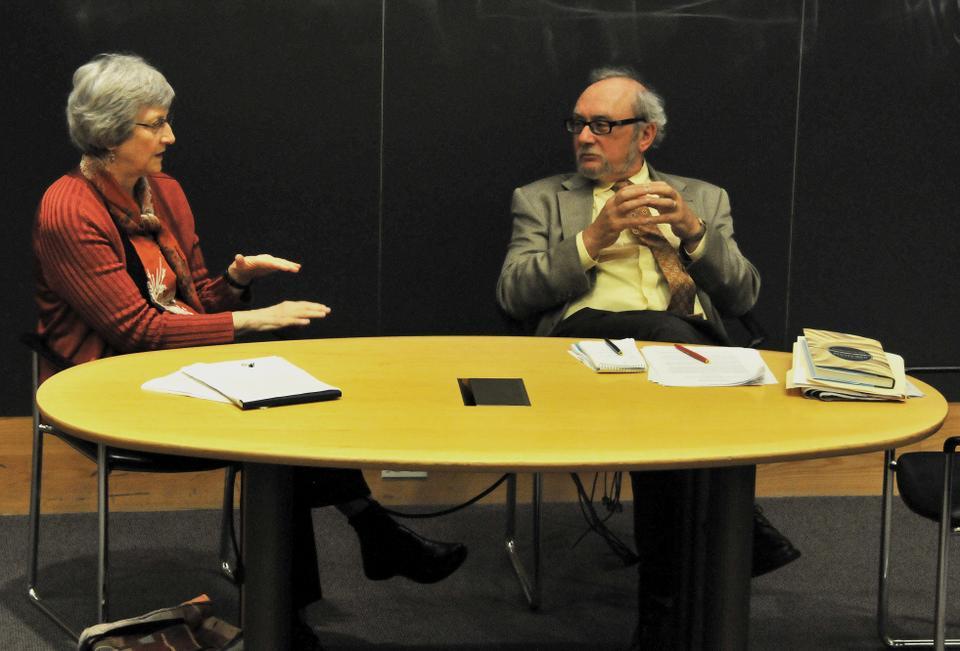 Laurel Thatcher Ulrich of Harvard University and Mark Silk of Trinity College meet at Boylston Hall on Wednesday evening for an event entitled "Mormons, Evangelicals, and the New Restorationism" to discuss views on Mormonism. This event was chaired by Andrew Jewett (History).