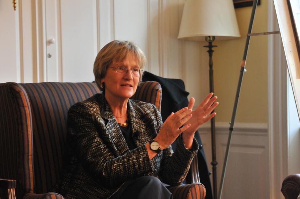 Harvard President Drew Faust meets with undergraduate students Wednesday afternoon in the Kirkland House common room.  President Faust addressed students' questions and concerns as part of an effort to reach out to undergraduates.   