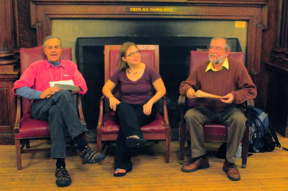 Three of the panelists at the Sex Week Event "Faith, Sex, & Love: Bring It On!" in the Phillips Brooks House Parlor (10/24). A diverse mixture of Harvard chaplains and students met to discuss love and sex, and learn about other points of view. After the brief panel, students divided into small groups to discuss questions regarding ethics, faith, common sense, upbringing, and other related topics.