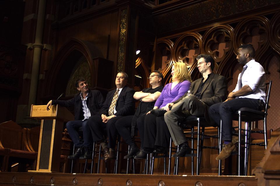 From left to right, authors  Nick Flynn (Another Bullshit Night in Suck City), Daniel Handler (A Series of Unfortunate Events), Buzz Bissinger (Friday Night Lights), Rachel Cohn (Nick & Norah's Infinite Playlist), and Andrew Dubus III (The House of Sand and Fog) discussed the process involved in turning their books into movies on Friday night at the Old South Church in Boston. The panel, "Page to Screen,"was moderated by Wesley Morris (far right), and was part of the Boston Book Festival's series of lectures over the weekend. After the panel discussion and questions from the audience, all five authors gathered for a signing of their books.
