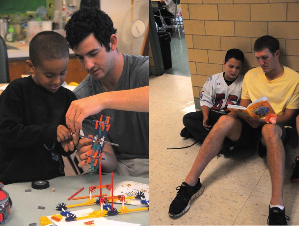 Junior Peter Kaplan (left) and senior Matt Doyle (right) are two members of the baseball team that make weekly visits to Cunniff Elementary School in Watertown to spend time with elementary students. The team has been recognized by the school’s teaching staff as positive male role models.