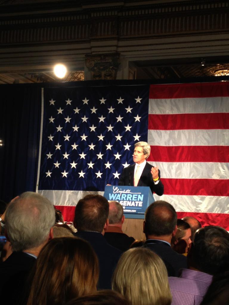Massachusetts Senator John F. Kerry speaks at a rally celebrating the election of his new fellow senator from Massachusetts, Democrat Elizabeth Warren.