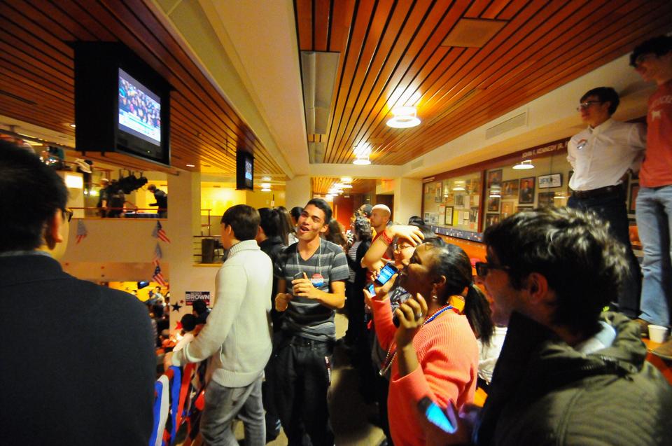 The spectators at the Kennedy School's IOP election watch party danced to "Party in the USA" after CNN released their projection that Obama had won the Presidential election.