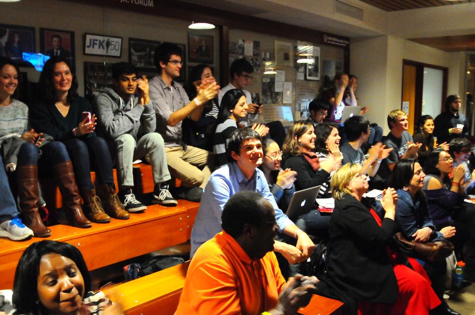 The enthusiasm of the spectators at Kennedy School's IOP watch party increases as the Presidential Elections' results draw to a close.