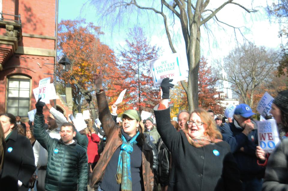 Members of the Harvard Union of Clerical and Technical Workers, students, and other members of the Harvard Community gather in Harvard Yard to rally for a fair contract on November 15, 2012. The HUCTW is asking for a fair contract including raises that keep up with inflation and better health care costs.