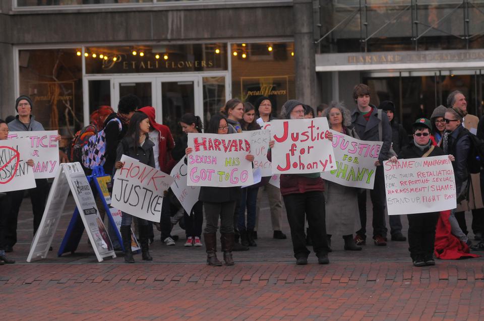 Members of the Harvard community gather in front of the Holyoke Center for a rally in support of Johany Pilar, a clerk in the Harvard Yard Mail Center on Friday November 16, 2012. Johany Pilar, and her HUCTW representative, Geoff Carens have been asking for an investigation into and action on the treatment of Johany's claims of sexual harassment in the mailroom. 