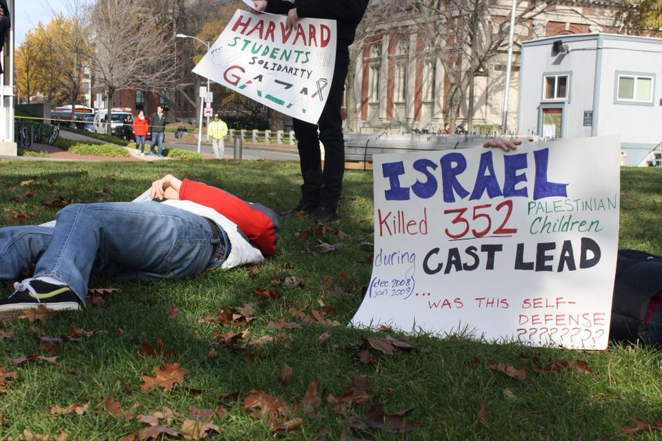Members of the Harvard College Palestine Solidarity Committee staged a “die-in” near the Science Center and Annenberg to express opposition to the violence in the Gaza Strip.  
