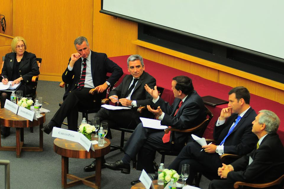 Speakers at the Presidents' Round Table discuss the aims of their universities and how to transform the future (Nov 29). From left to right: Merilee Grindle (Chair; director of DRCLAS), Andrés Benítez (Rector, Universidad Adolfo Ibañez), Carlos Peña (Rector, Universidad Diego Portales), Ignacio Sánchez (Rector, Universidad Católica de Chile), Jaime Arancibia (Academic Vice Rector, Universidad de los Andes), and Mauricio Escudey (Vice Rector of Research and Development, Universidad de Santiago de Chile).