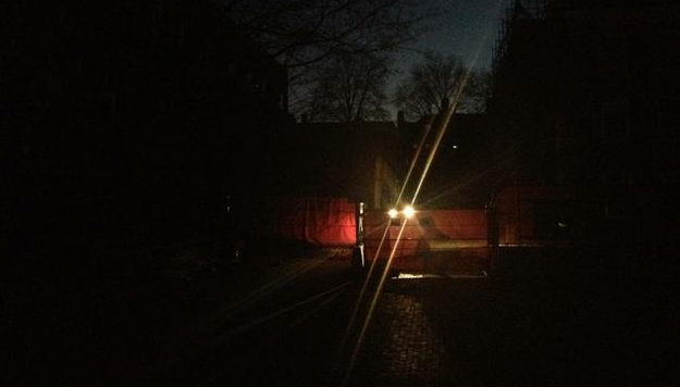 Quincy courtyard is illuminated only by lights from construction vehicles as Harvard and other areas of Cambridge are affected by an electricity blackout.