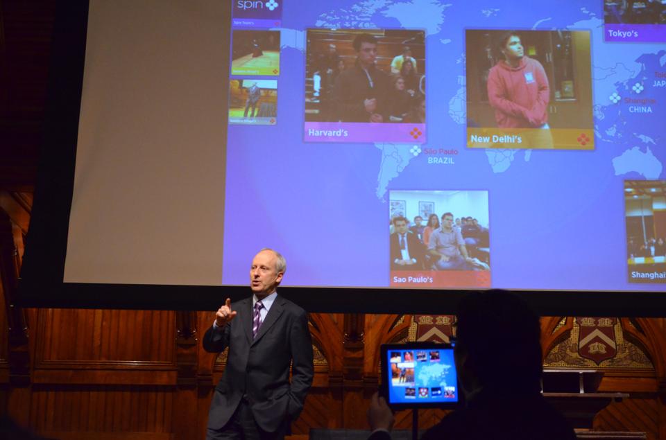As part of an innovative educational experiment titled The Global Classroom, Government Professor Michael Sandel conducts lecture before students of the University of Shangai, Tokyo, Sao Paulo and New Delhi through a live, video‐linked class 
discussion. Harvard students in his "Justice" course had the opportunity to join this international discussion. 
