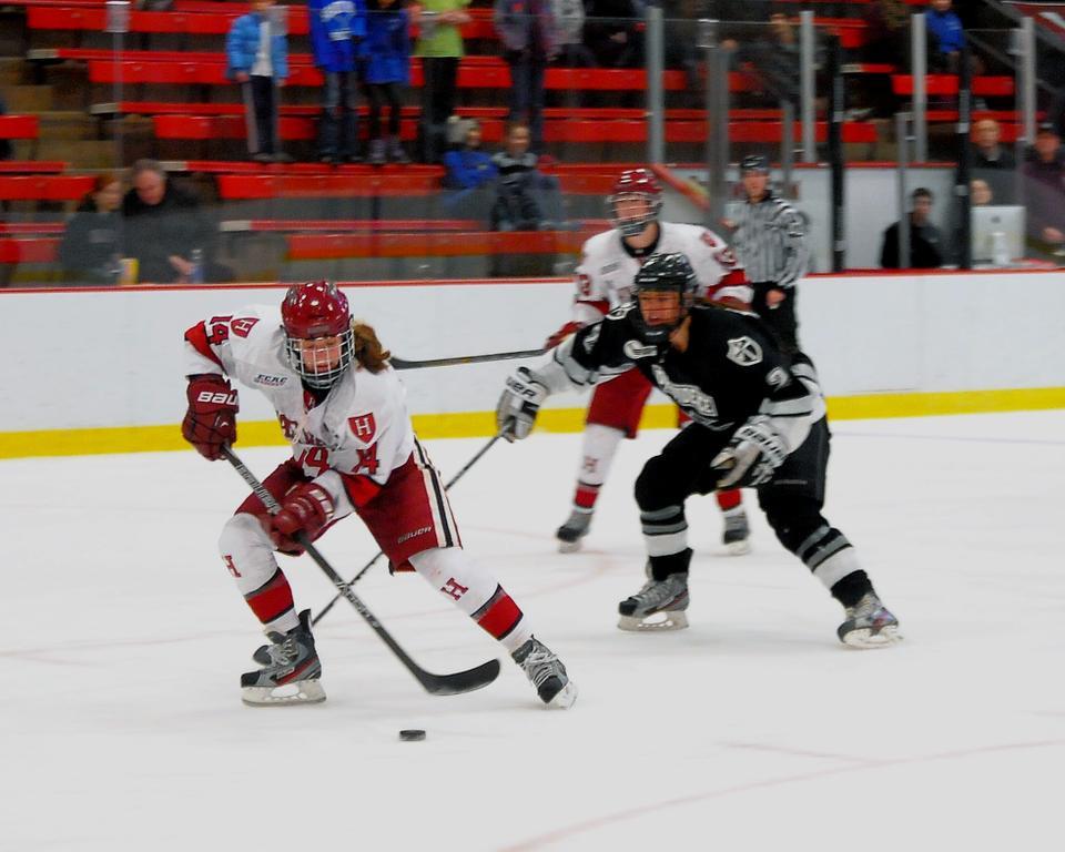 Crimson co-captain Jillian Dempsey, shown in earlier action, led a high-powered attack that pounced on Union early and did not relent. Behind Dempsey, Harvard outshot Union, 42-13, in the matchup.