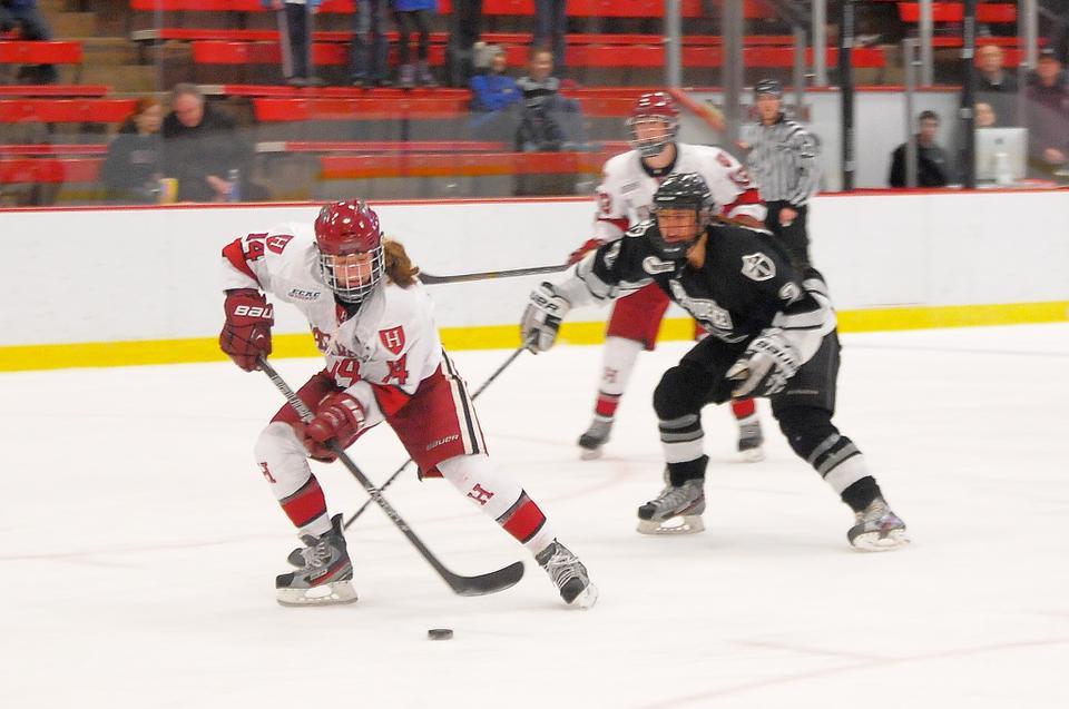 Co-captain Jillian Dempsey skates up the ice en route to scoring one of her four goals against Providence on Friday night at the Bright Hockey Center. The Crimson topped the Friars by seven, 8-1. 