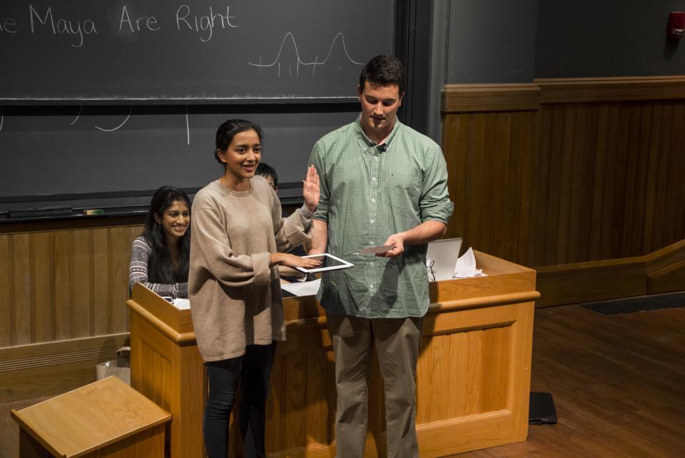 Tara Raghuveer '14 (left) is being inaugurated by the current Undergraduate Council President Danny Bicknell '13 at Sunday’s UC General Meeting as the new UC President. Current Vice-President Pratyusha Yalamanchi '13 also inaugurated Jen Zhu '14 as the new UC Vice-President and several important referenda and legislations were discussed at the meeting.