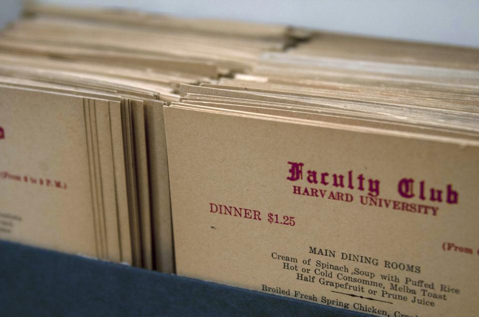 Faculty members recall the quality of the food at the Club was never too good, but a quick look at Cold War-era menus from the Club shows a diverse collection of entrées. (Source: Harvard University Archives, HUD 3382.754, Box #1)
