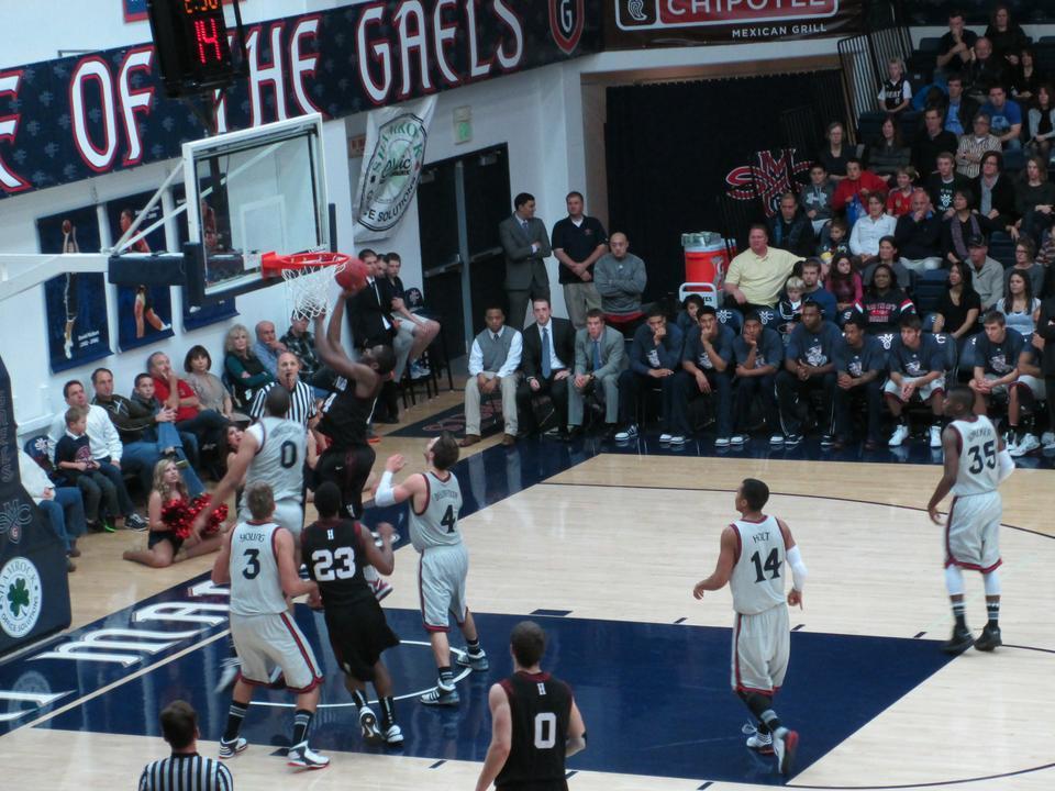 Sophomore Steve Moundou-Missi drives to the basket during the Harvard men's basketball team's matchup against St. Mary's. At the half, the Crimson leads, 35-21.