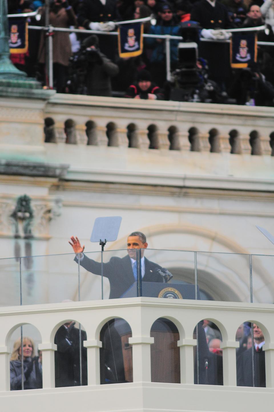 President Obama waves to the crowds following his inauguration speech, which touched on topics such as sustainable energy and gay rights.
