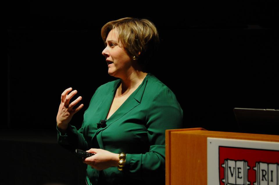 Theresa Ellis, Gleitsman Visiting Practitioner at Harvard Kennedy School and founder of Common Impact, speaks of the key flaws in public service projects at the "Alumni Think Big" event. The talk, part of the "Public Interested?" conference, took place Saturday evening in the Science Center.