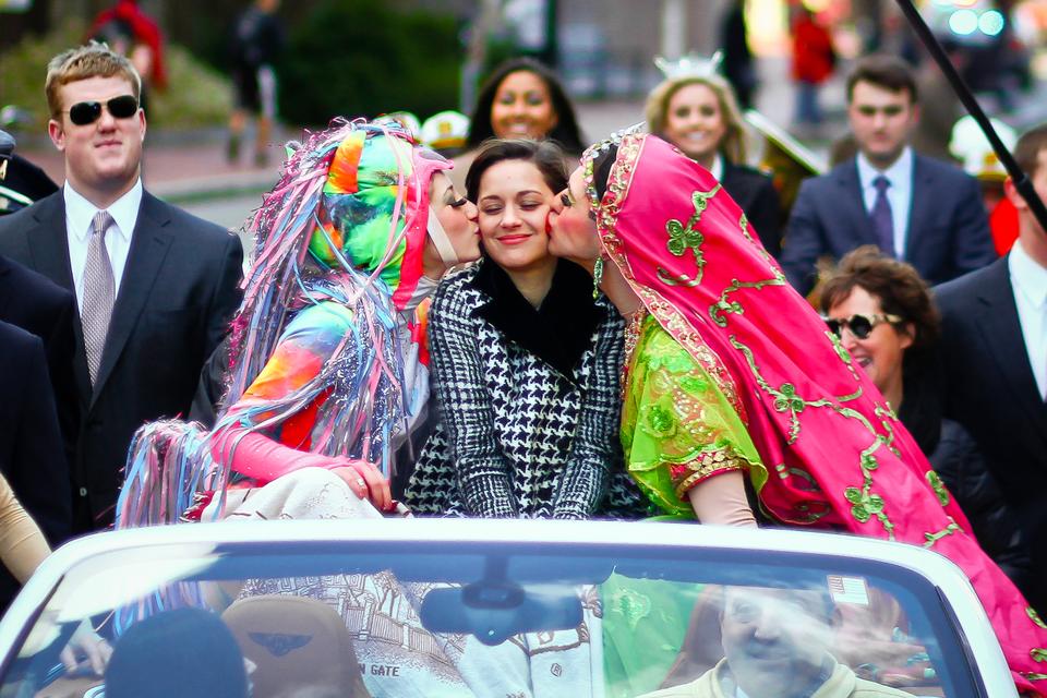 Marion Cotillard received a kiss from Hasty Pudding Theatrical President Renee Rober '13 and Vice President Ben Moss '13. 