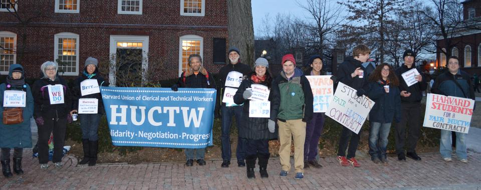 Members of the Harvard Union of Clerical and Technical Workers and student supporters protest outside of Massachusetts Hall on Tuesday to urge the University to agree to favorable terms in continuing contract negotiations.