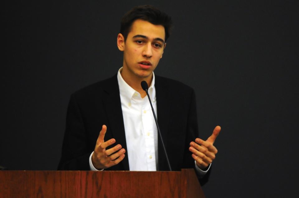Constantine Tarabanis '15 speaks about developing healthcare initiatives in Greece at "Repowering Greece: The Most innovative Ways to Revamp Greece" on Tuesday evening. The event's eight speakers delivered their ideas in seven minutes or less.