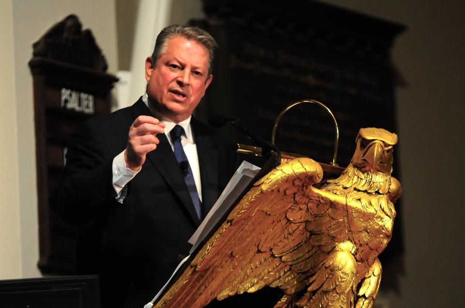 Former Vice President and Nobel Laureate, Al Gore ‘69, speaks at Memorial Church Wednesday night for The Paul R. Epstein Memorial Lecture. The talk was sponsored by the Center for Health and the Global Environment at the Harvard School of Public Health.