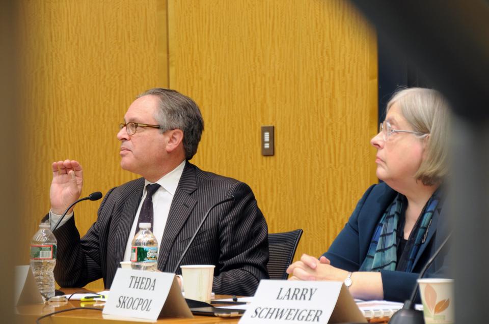 Nicholas Lemann ‘76 speaks, as Victor S. Thomas Professor of Government and Sociology Theda Skopol looks on, during a panel about the politics of global warming on Thursday. Lemann discussed the next steps in environmental legislation.