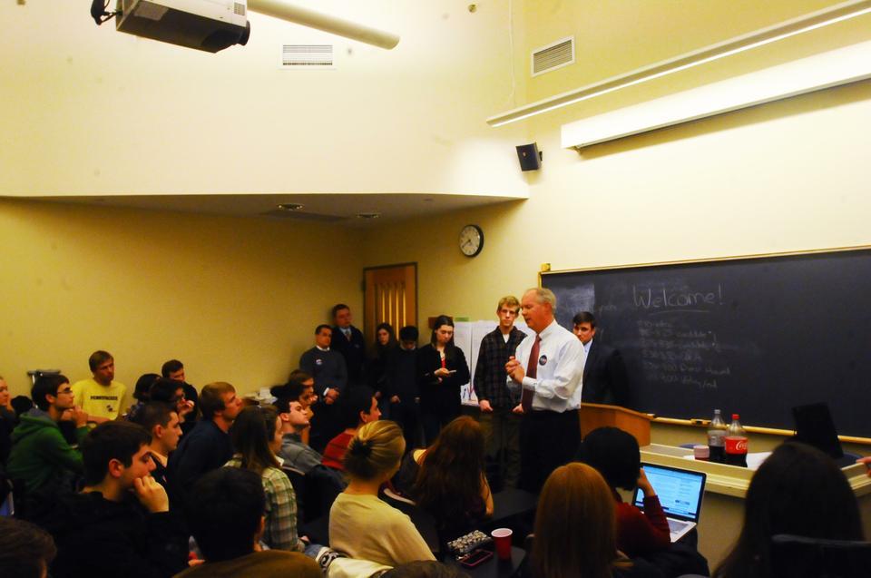 Mayor Joseph Sullivan addresses questions about Democratic US Senate candidate Stephen Lynch at a Harvard College Democrats meeting. Representative Carl Sciortino also spoke as a representative of the Ed Markey campaign at the meeting on Tuesday evening, during which attendees voted on the endorsement of a candidate.