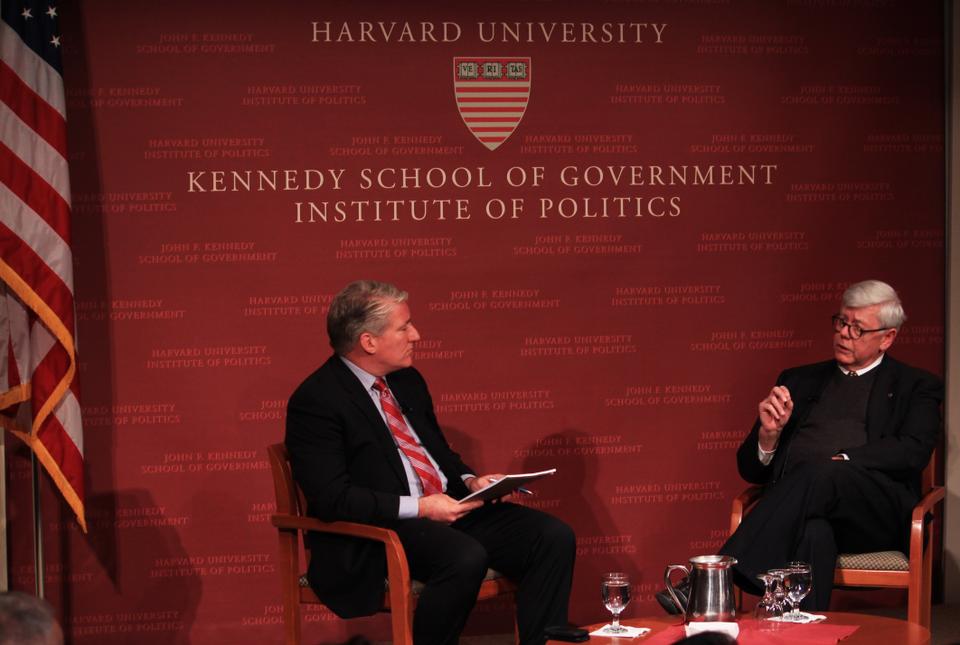 National Rifle Association President David Keene, right, answers a question posed by IOP Fellow and CNN coorespondent John King at the JFK Jr. Forum on NRA's recent stance on guns in schools.