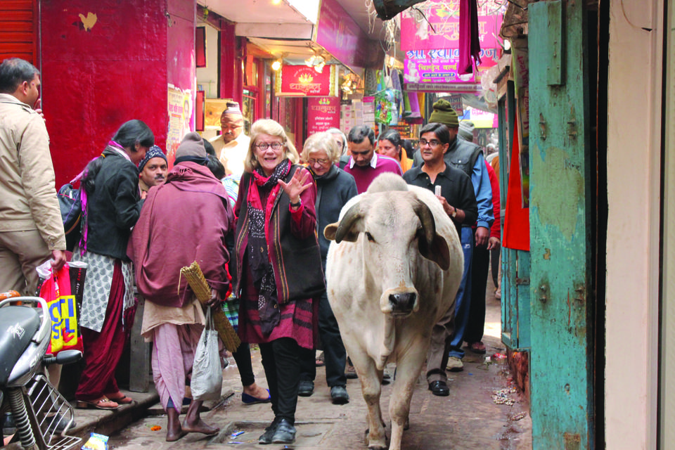 Professor of Comparative Religion and Indian Studies Diana L. Eck leads Harvard researchers through an alleyway in India. 