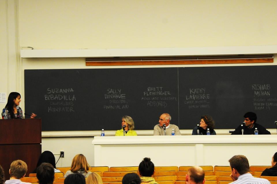 Suzanna E. H. Bobadilla leads discussion on mental health questions submitted by students at the UC Mental Health Town Hall Discussion. Harvard students and administration representatives gathered for the meeting Thursday evening. 