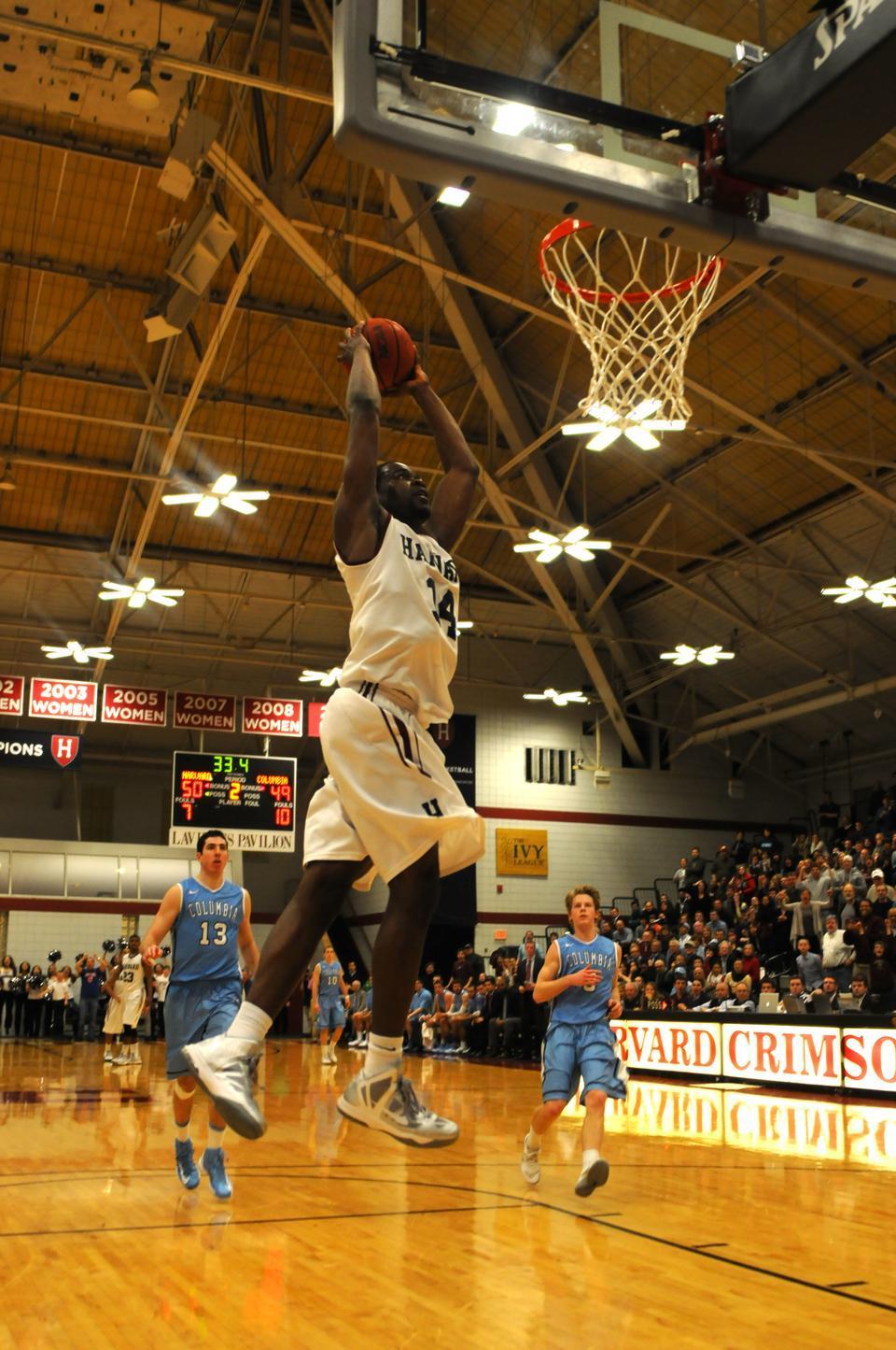 Late in the game, sophomore forward Steve Moundou-Missi stole a Columbia inbounds pass and finished with a transition dunk to put Harvard up three.