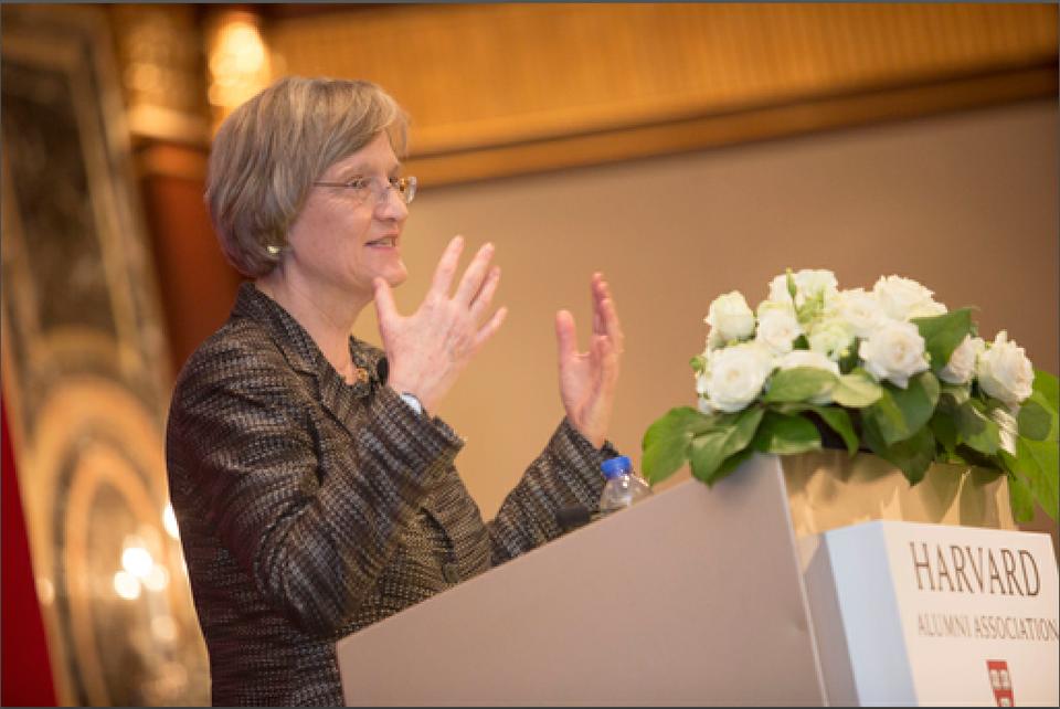 University President Drew G. Faust addresses a  more than 400 Harvard alumni in Hong Kong on Tuesday.