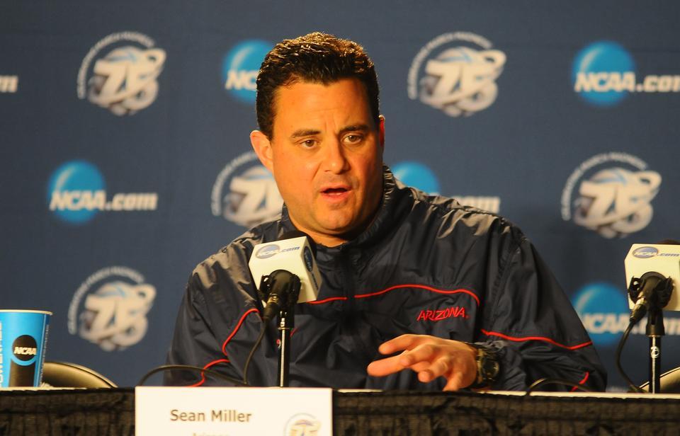Arizona coach Sean Miller speaks to the media before his team's game against No. 14 Harvard in the NCAA Tournament's third round. 