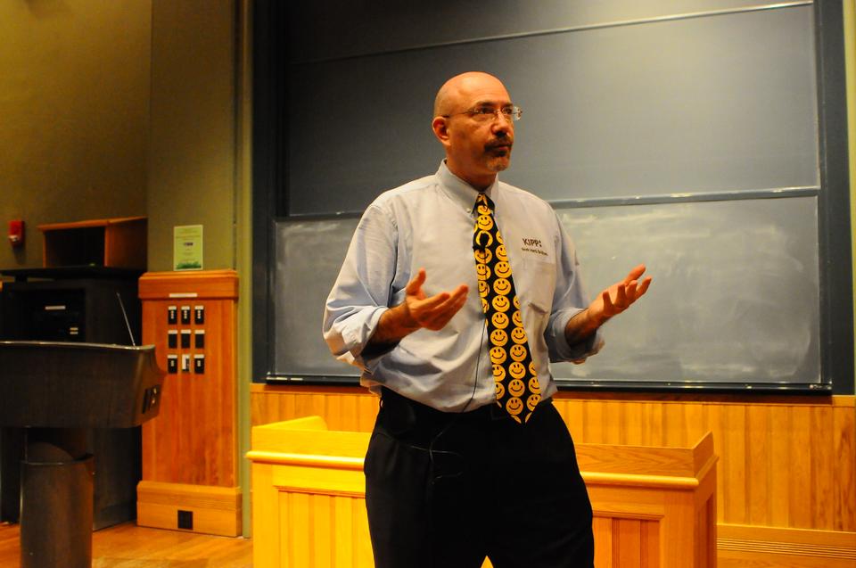 Michael Feinberg who established a network of charter schools called the Knowledge is Power Program reflects on his experiences in Sever Hall Monday night.  Feinberg engaged with the audience through thought experiments.