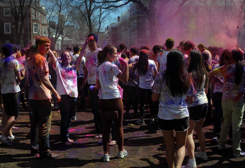 Students celebrate Holi, an important Hindu tradition also called the festival of colors, this Saturday in the MAC quad. This event, hosted annually by Harvard Dharma, celebrates the coming of spring with the rang, in which students throw painted powder at each other.