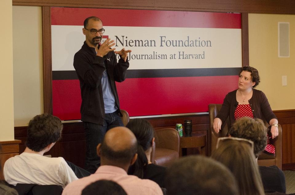 Acclaimed author Junot Diaz addresses the audience at the Nieman Foundation for Journalism. The room reached capacity a few minutes before the event began and many students were turned away.