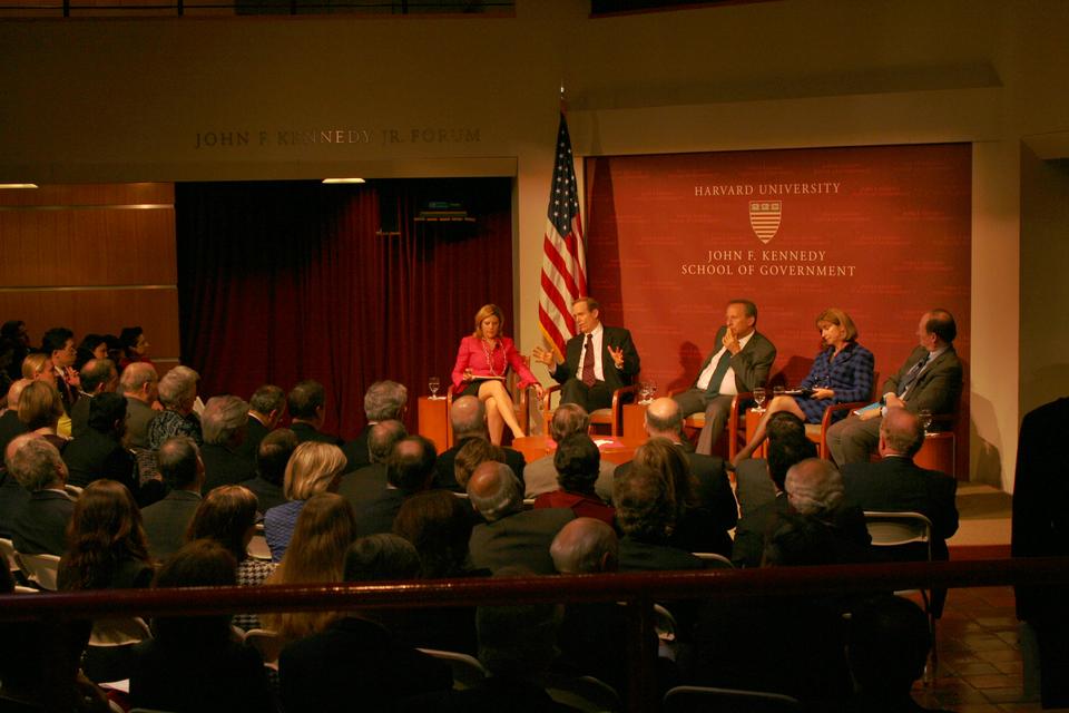Nina Easton moderates Monday night's panel discussion between Senior Fellow Paula Dobriansky, Distinguished Senior Fellow Ben Heineman, Professor of Business and Government Roger Porter, and Professor Lawrence Summers on "Is America Working? What Business and Government Can Do."