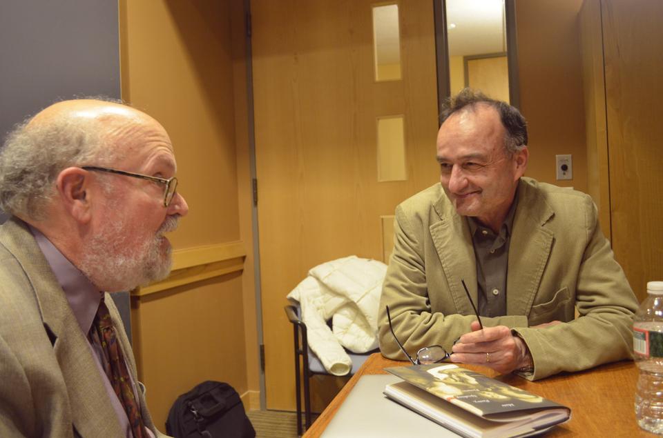 Leonard Barkan discusses his book, Mute Poetry Speaking Pictures, with colleague and Harvard Professor Francesco Erspamer of the Department of Romance Languages and Literatures. Barkan, a Princeton professor, discussed his work with Italian students Tuesday evening in Boylston Hall.