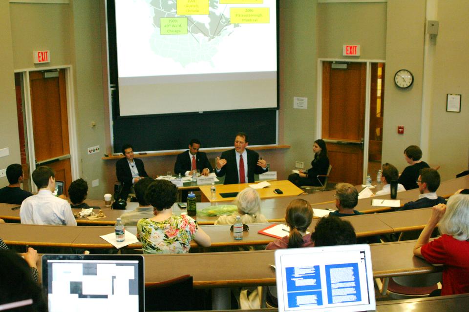 Somerville's Mayor Curtatone and New York City Council member Brad Lander speak at Harvard Kennedy School's "Reinventing Urban Democracy" event on Wednesday afternoon.  The politicians discussed the benefits and drawbacks of participatory budgeting in urban environments.