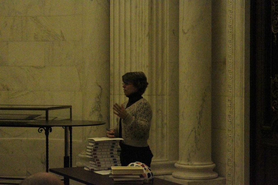 Jill Lepore, the David Woods Kemper '41 Professor of American History, Professor and Chair of Harvard's History and Literature Department, and New Yorker staff writer, speaks at the last of a three part series of book talks in the Widener Library Rotunda sponsored by Dean Hammonds, The Harvard College Library, and the Undergraduate Council. During her talk, Lepore exchanged humorous tales of the first libraries to welcome children as well as details of her book, The Mansion of Happiness: A History of Life and Death.
