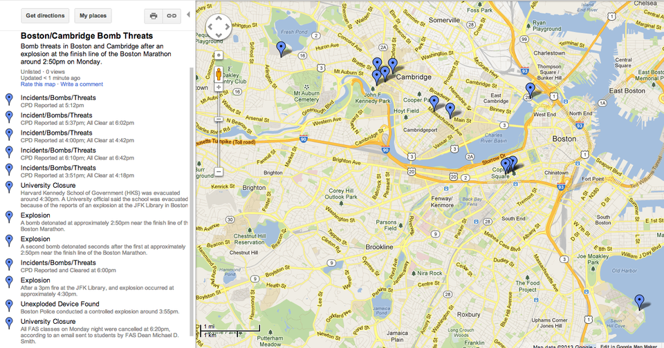 Map of incidents relating to the Boston Marathon bombings on Monday.