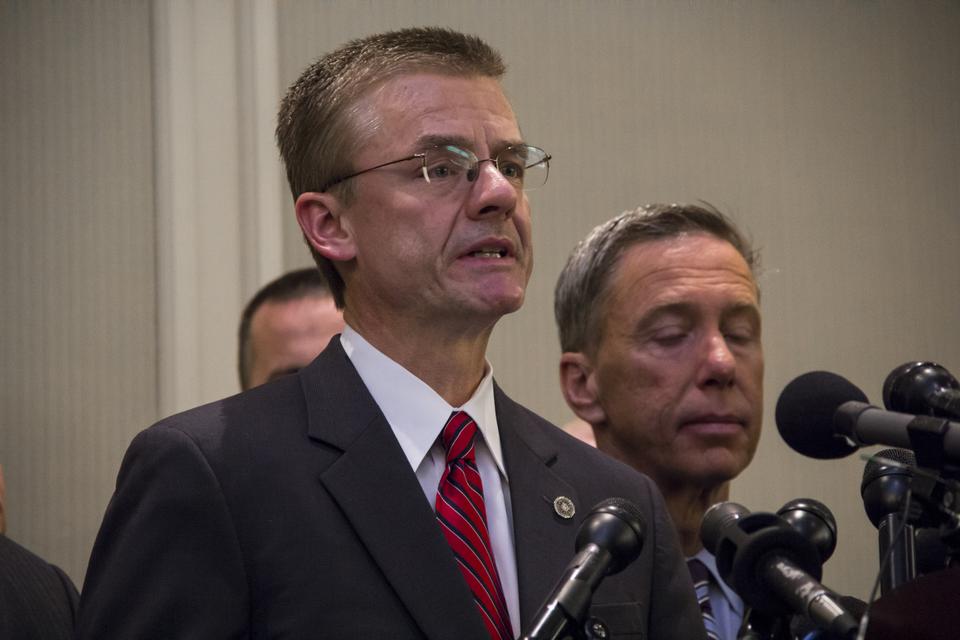 Rick DesLauriers (left), the FBI Special Agent-in-Charge who is leading the investigation into the incident, refused to speculate on why the bomb sweeps before the marathon failed to detect the bombs.