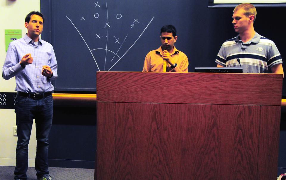 Coach Justin Majourides, Harvard School of Public Health '12, and beep ball players Aqil Sajjad, a grad student studying physics at FAS, and Joe McCormick, a junior at Harvard College, receive questions about their sport from audience members. Justin, Aqil, and Joe gave a Q and A session about beep ball, a sport designed for the blind, after a showing of a documentary about their team in Jefferson Hall on Thursday.