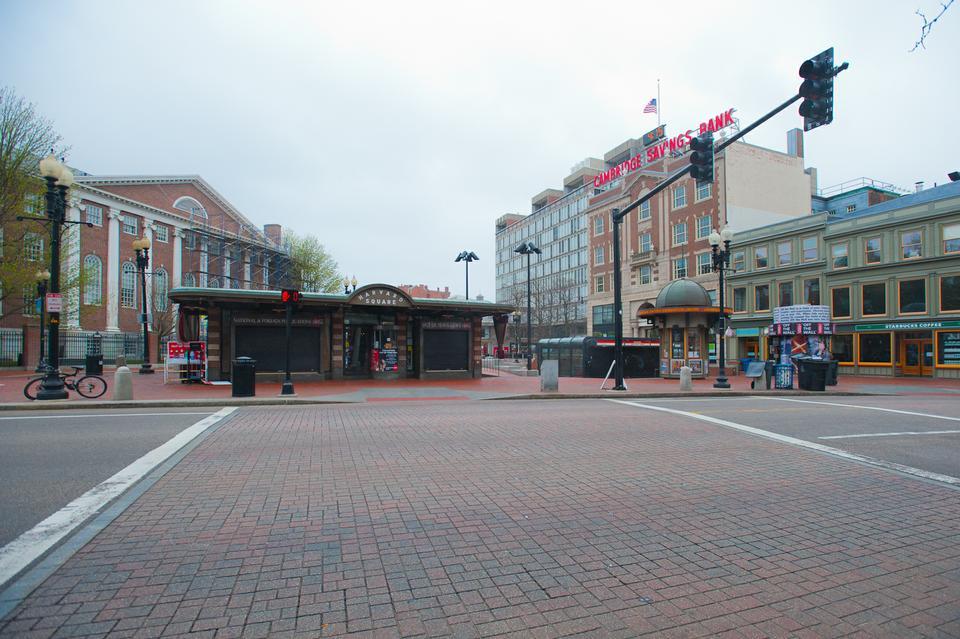 Normally full of tourists and pedestrians, the area around MBTA Harvard Station and Out of Town News is completely vacant on Friday afternoon during what is normally rush hour. Regional police departments urged residents of the Boston area to stay indoors during this emergency. 